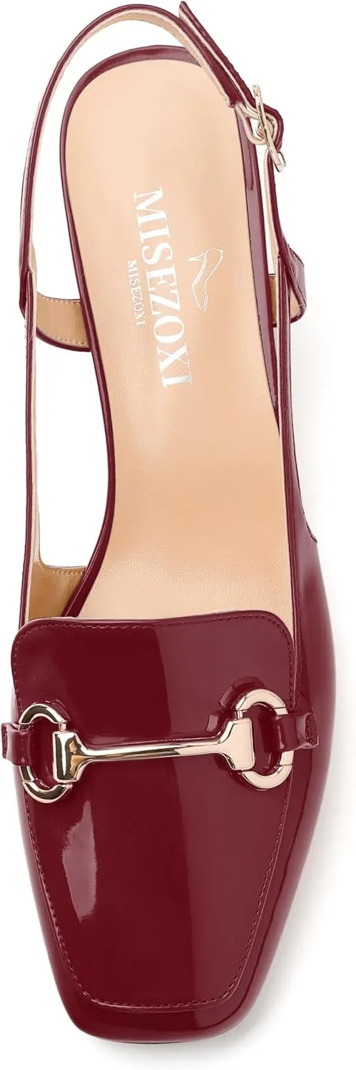 Womens Pumps, Square Toe Mid Block Heel Slingback Pump Shoes for Women, Chunky Heel Slingbacks with Metal Buckle 2"