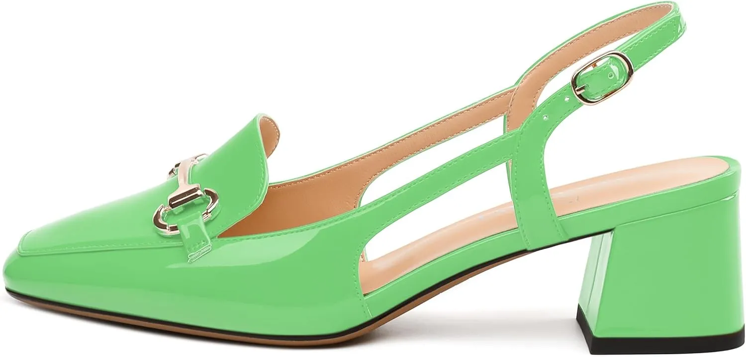 Womens Pumps, Square Toe Mid Block Heel Slingback Pump Shoes for Women, Chunky Heel Slingbacks with Metal Buckle 2"