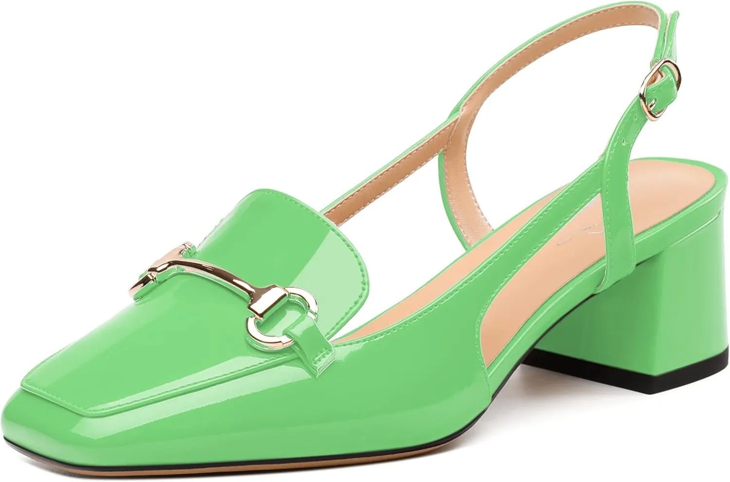 Womens Pumps, Square Toe Mid Block Heel Slingback Pump Shoes for Women, Chunky Heel Slingbacks with Metal Buckle 2"