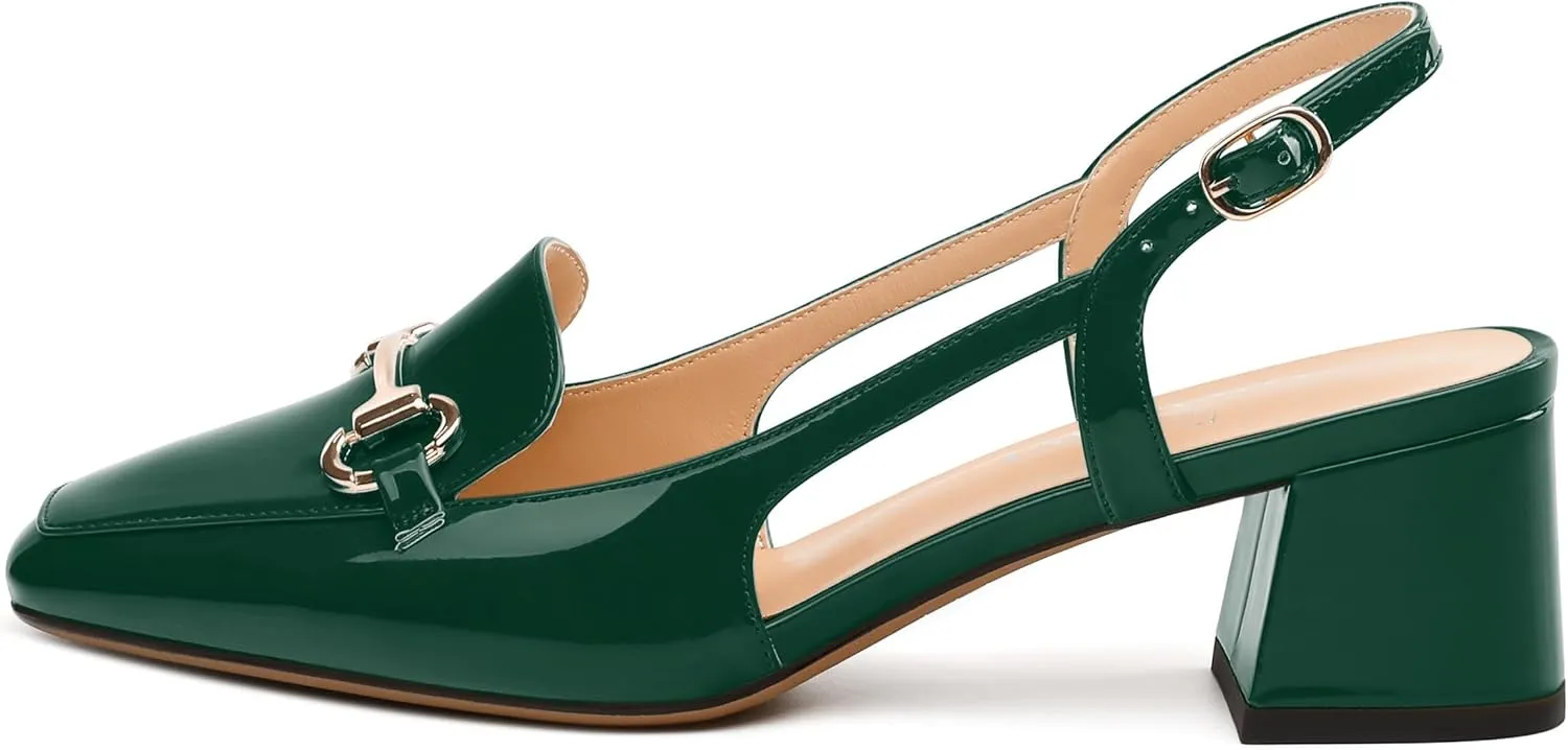 Womens Pumps, Square Toe Mid Block Heel Slingback Pump Shoes for Women, Chunky Heel Slingbacks with Metal Buckle 2"