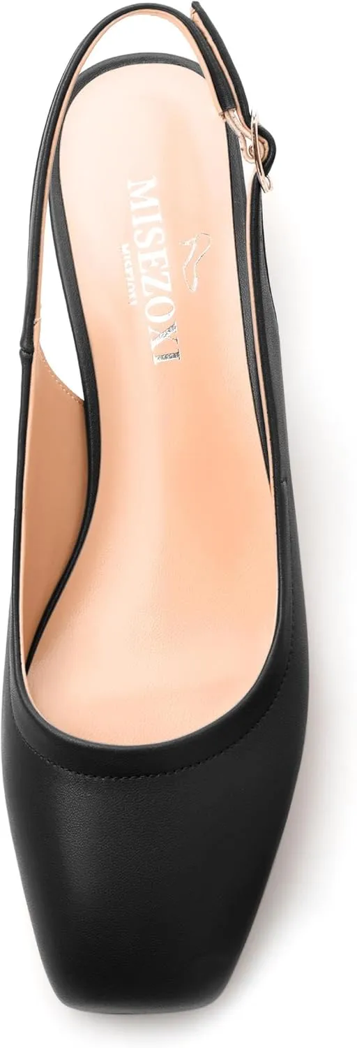 Womens Slingbacks, Square Toe Low Block Heel Pumps for Women, Comfort Casual Shoes for Workplace 1.4"