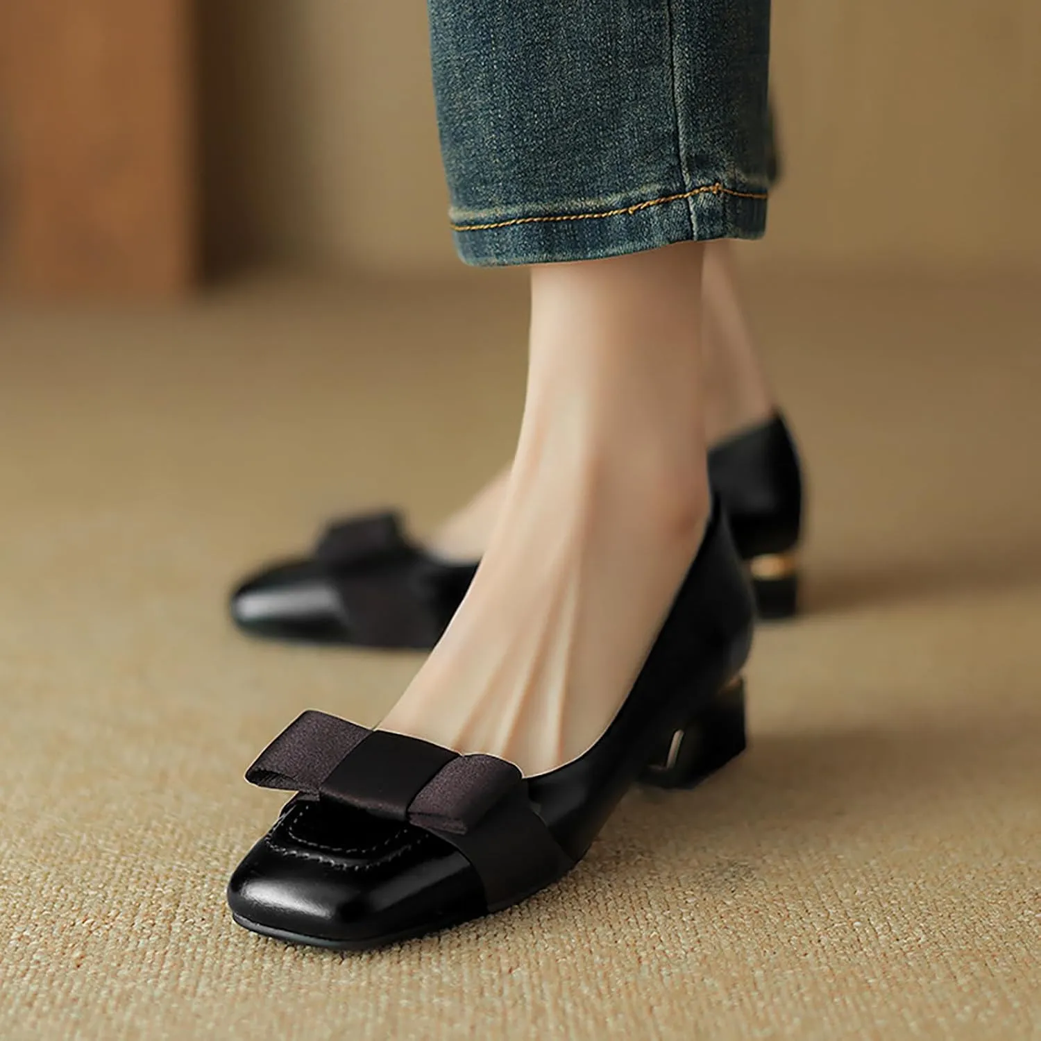 Women's Square Toe Bow Block Heel Work Pumps Fashion Retro Leather Low Chunky Heel Office Dress Loafers Suitable for Daily Office Formal Shoes