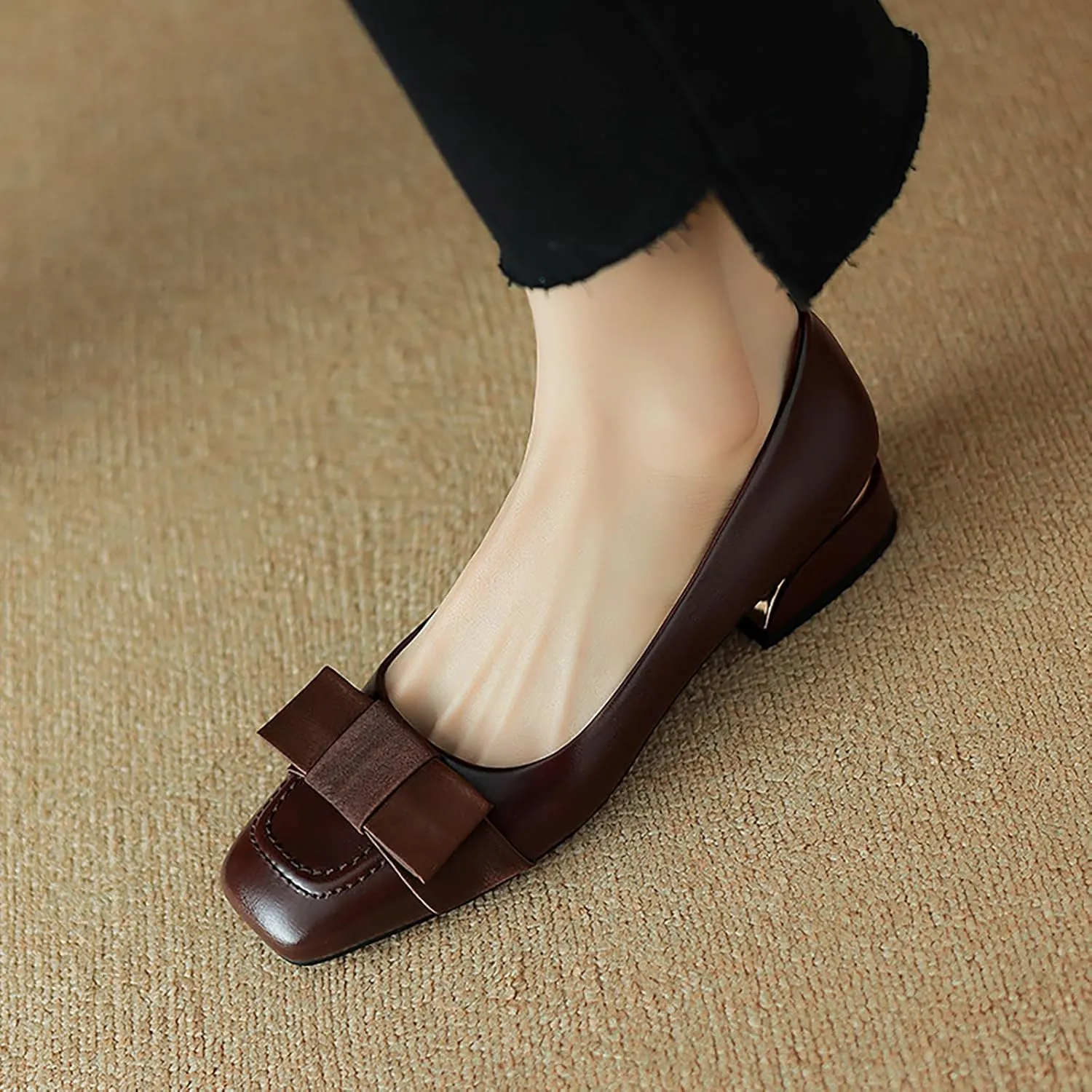 Women's Square Toe Bow Block Heel Work Pumps Fashion Retro Leather Low Chunky Heel Office Dress Loafers Suitable for Daily Office Formal Shoes