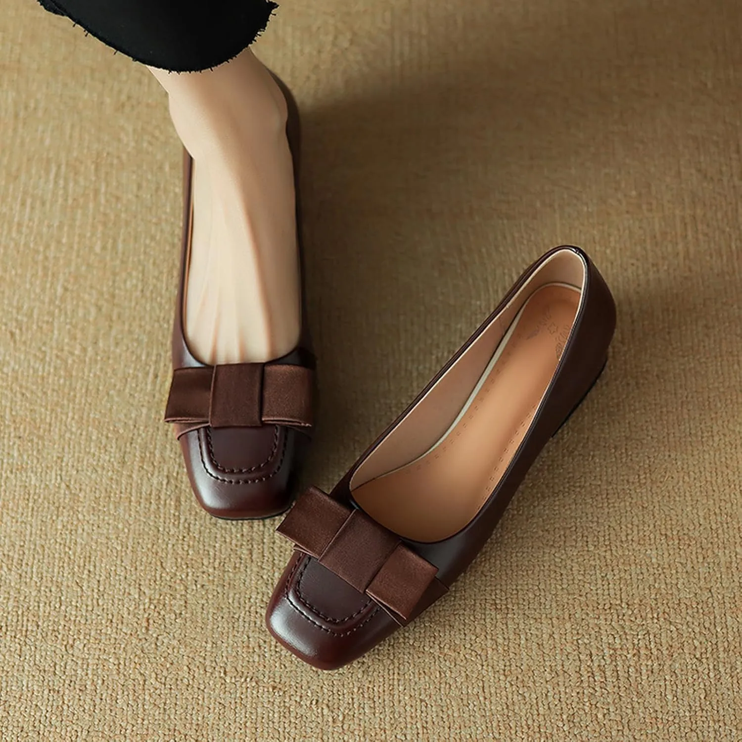 Women's Square Toe Bow Block Heel Work Pumps Fashion Retro Leather Low Chunky Heel Office Dress Loafers Suitable for Daily Office Formal Shoes