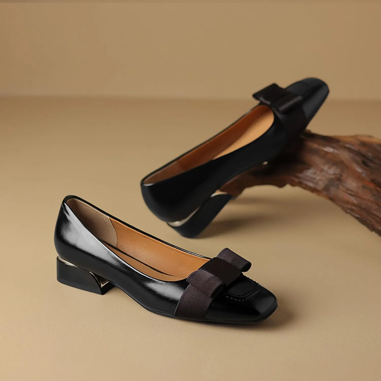 Women's Square Toe Bow Block Heel Work Pumps Fashion Retro Leather Low Chunky Heel Office Dress Loafers Suitable for Daily Office Formal Shoes