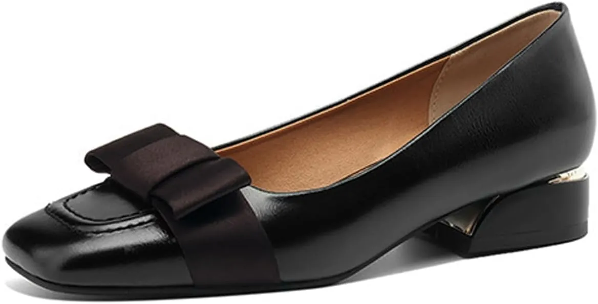 Women's Square Toe Bow Block Heel Work Pumps Fashion Retro Leather Low Chunky Heel Office Dress Loafers Suitable for Daily Office Formal Shoes