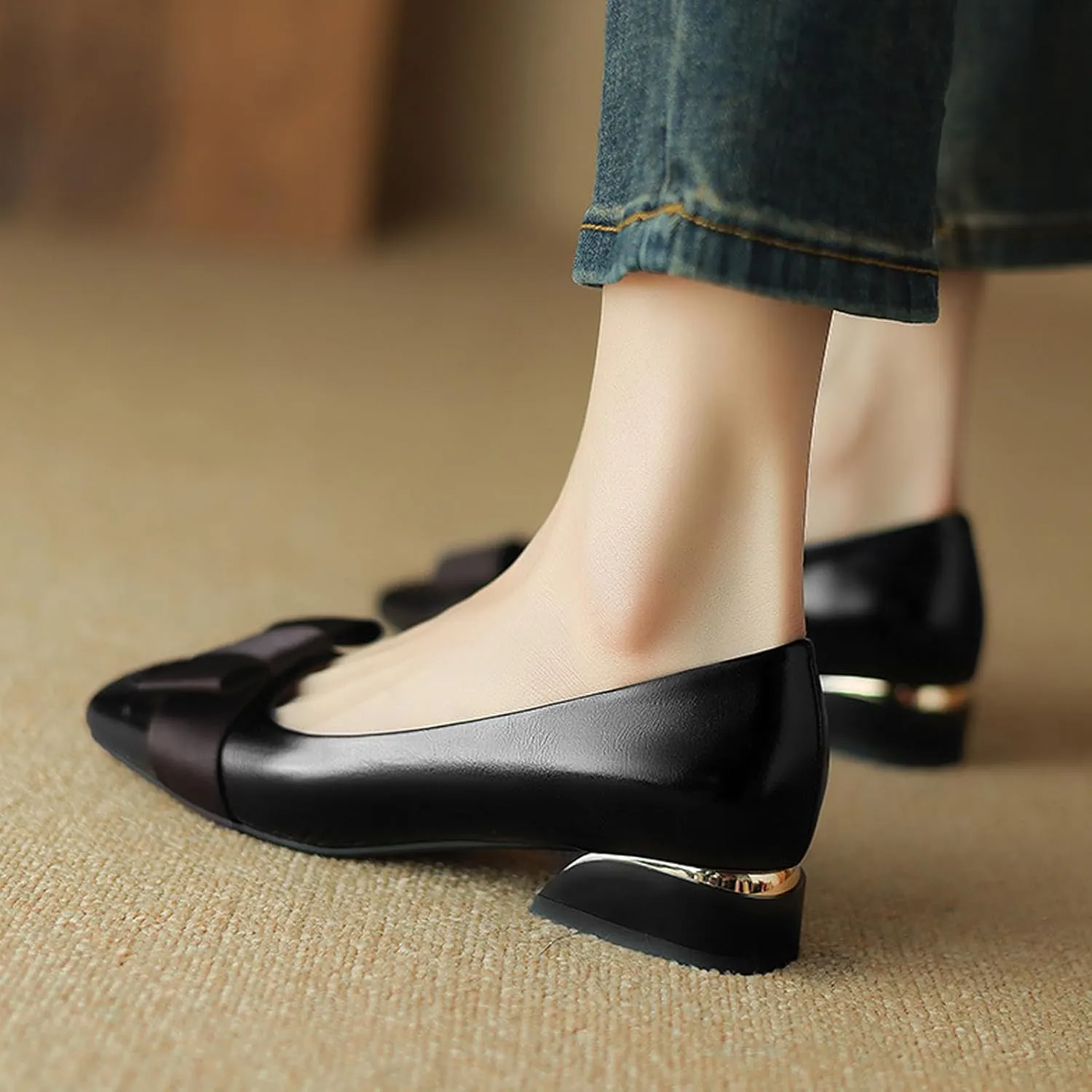 Women's Square Toe Bow Block Heel Work Pumps Fashion Retro Leather Low Chunky Heel Office Dress Loafers Suitable for Daily Office Formal Shoes