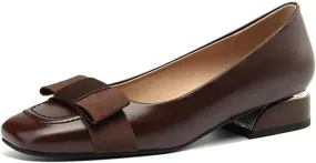 Women's Square Toe Bow Block Heel Work Pumps Fashion Retro Leather Low Chunky Heel Office Dress Loafers Suitable for Daily Office Formal Shoes