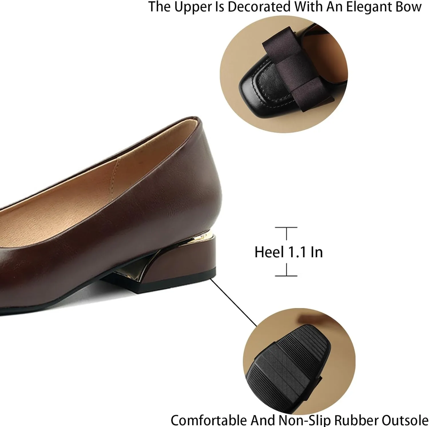 Women's Square Toe Bow Block Heel Work Pumps Fashion Retro Leather Low Chunky Heel Office Dress Loafers Suitable for Daily Office Formal Shoes