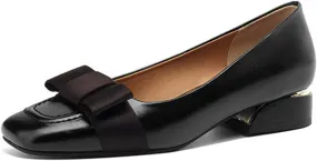 Women's Square Toe Bow Block Heel Work Pumps Fashion Retro Leather Low Chunky Heel Office Dress Loafers Suitable for Daily Office Formal Shoes