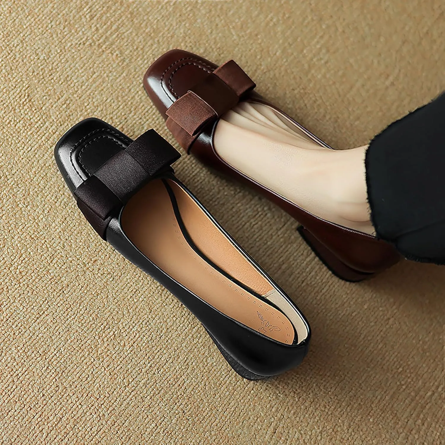 Women's Square Toe Bow Block Heel Work Pumps Fashion Retro Leather Low Chunky Heel Office Dress Loafers Suitable for Daily Office Formal Shoes