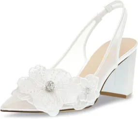 XYD Women Pointed Closed Toe Flowers Pumps Translucent Mesh Block High Heel Slingbacks Bridal Crystal Shoes