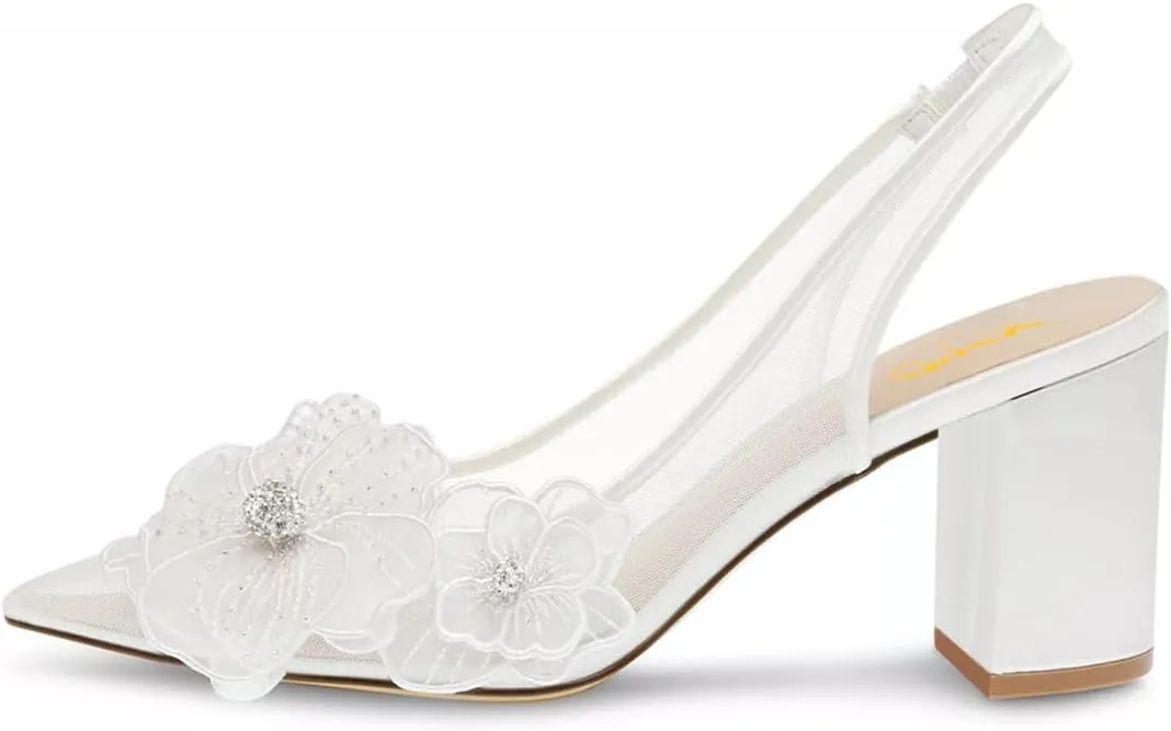 XYD Women Pointed Closed Toe Flowers Pumps Translucent Mesh Block High Heel Slingbacks Bridal Crystal Shoes